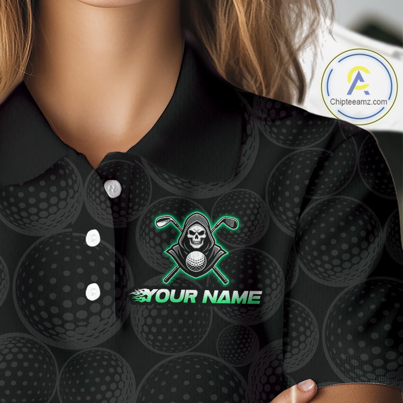 Custom Green Flame Reaper Golf Ball Pattern Womens Golf Polo Shirts Black Tournament Golf Team Shirts, Golf Outfit NBT875