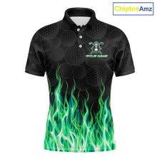 Load image into Gallery viewer, Front view of custom Green Flame Reaper golf polo shirt.