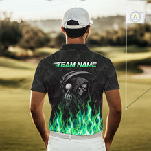 Load image into Gallery viewer, Golfer wearing custom Green Flame Reaper golf polo shirt on the course