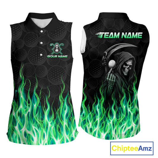 Custom Green Flame Reaper Golf Ball Pattern Womens Sleeveless Tournament Golf Polo Shirts Black Golf Team Shirts, Golf Outfit NBT875