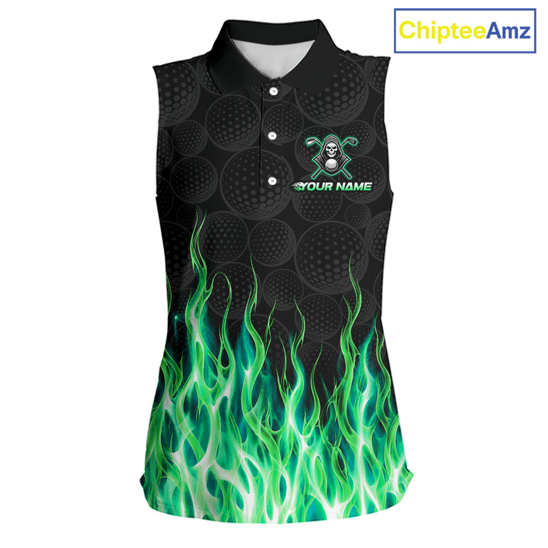 Custom Green Flame Reaper Golf Ball Pattern Womens Sleeveless Tournament Golf Polo Shirts Black Golf Team Shirts, Golf Outfit NBT875