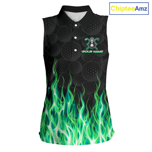 Custom Green Flame Reaper Golf Ball Pattern Womens Sleeveless Tournament Golf Polo Shirts Black Golf Team Shirts, Golf Outfit NBT875