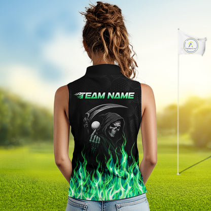 Custom Green Flame Reaper Golf Ball Pattern Womens Sleeveless Tournament Golf Polo Shirts Black Golf Team Shirts, Golf Outfit NBT875