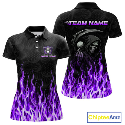 Custom Purple Flame Reaper Golf Ball Pattern Womens Golf Polo Shirts Black Tournament Golf Team Shirts, Golf Outfit NBT876