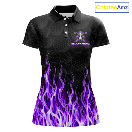 Custom Purple Flame Reaper Golf Ball Pattern Womens Golf Polo Shirts Black Tournament Golf Team Shirts, Golf Outfit NBT876
