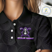 Load image into Gallery viewer, Custom Purple Flame Reaper Golf Ball Pattern Womens Golf Polo Shirts Black Golf Team Shirts, Golf Outfit NBT876