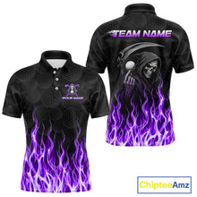 Load image into Gallery viewer, Front and back view of custom Purple Flame Reaper golf polo shirt with personalized name