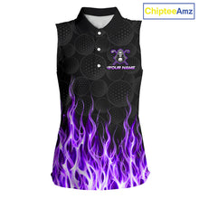 Load image into Gallery viewer, Custom Purple Flame Reaper Golf Ball Pattern Womens Sleeveless Golf Polo Shirts Black Golf Team Shirts, Golf Outfit NBT876