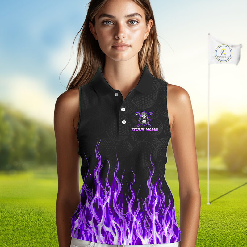 Custom Purple Flame Reaper Golf Ball Pattern Womens Sleeveless Tournament Golf Polo Shirts Black Golf Team Shirts, Golf Outfit NBT876
