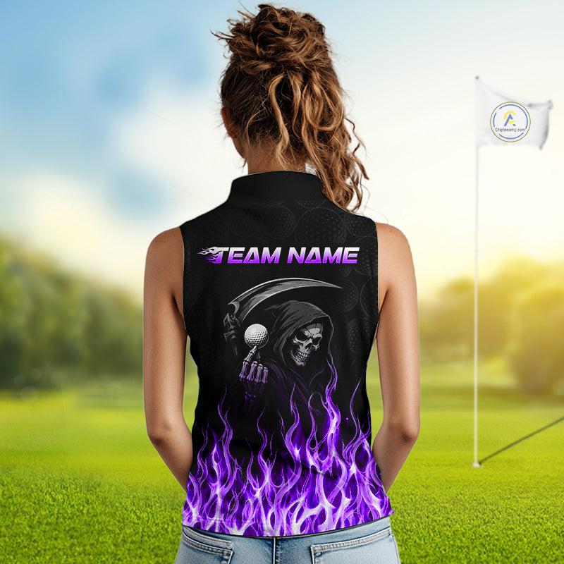 Custom Purple Flame Reaper Golf Ball Pattern Womens Sleeveless Tournament Golf Polo Shirts Black Golf Team Shirts, Golf Outfit NBT876