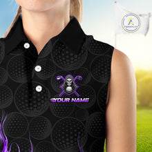 Load image into Gallery viewer, Custom Purple Flame Reaper Golf Ball Pattern Womens Sleeveless Golf Polo Shirts Black Golf Team Shirts, Golf Outfit NBT876