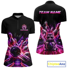 Load image into Gallery viewer, Front and back view of Custom Funny Cat Bowling Shirt For Men Neon Pink Bowling 1/4 Quarter Zip Shirt with personalized name