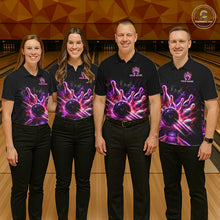 Load image into Gallery viewer, Bowling team wearing matching Custom Funny Cat Bowling Shirt For Men Neon Pink Bowling Polo Shirt on the lanes