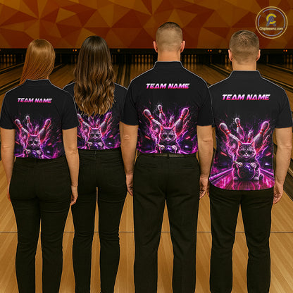 Bowling team wearing matching Custom Funny Cat Bowling Shirt for Men Neon Pink Bowling Jersey Polo with personalized name - back view