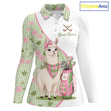 Load image into Gallery viewer, Front views of a womens funny alpaca plaid pattern long sleeve golf polo shirt, name text on the chest.
