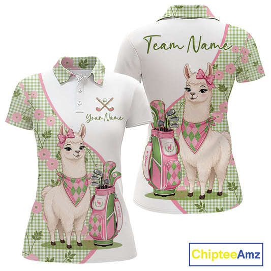 Front and back views of a womens funny alpaca plaid pattern golf polo shirt, name text on the chest and team name on the back.
