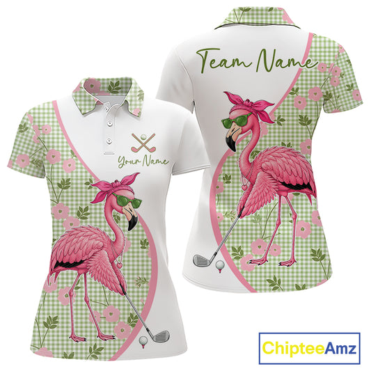 Front and back views of a womens funny flamingo plaid pattern golf polo shirt, name text on the chest and team name on the back.