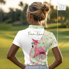 Load image into Gallery viewer, A woman wearing a funny flamingo plaid pattern golf polo shirt with “Team Name” on the back.