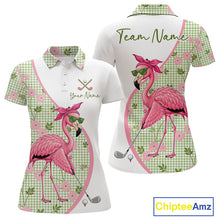 Load image into Gallery viewer, Front and back views of a womens funny flamingo plaid pattern golf polo shirt, name text on the chest and team name on the back.