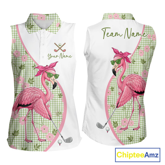Funny Pink Flamingo Plaid Pattern Womens Sleeveless Golf Polo Shirts, Personalized Golf Gifts NBT792
