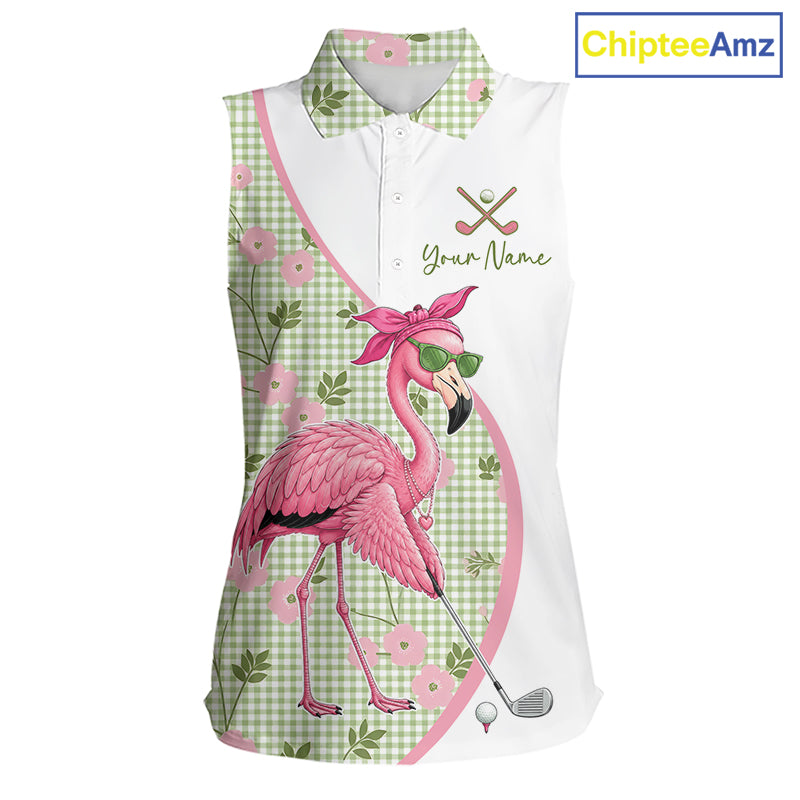 Funny Pink Flamingo Plaid Pattern Womens Sleeveless Golf Polo Shirts, Personalized Golf Gifts NBT792