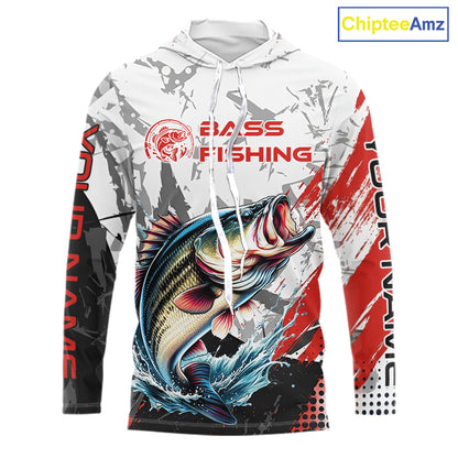Front view of a bass long sleeve  hooded fishing shirt with name text on the sleeves.