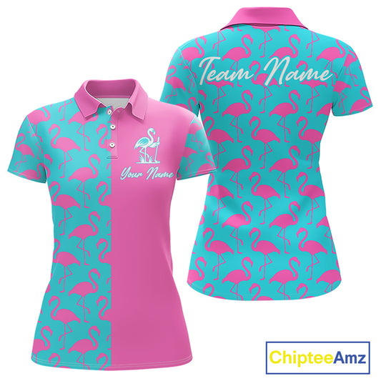 Front and back view of women’s golf polo shirt with pink and blue flamingos pattern and personalized name