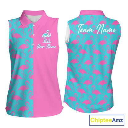 Front and back view of women’s sleeveless golf polo shirt with pink and blue flamingos pattern and personalized name