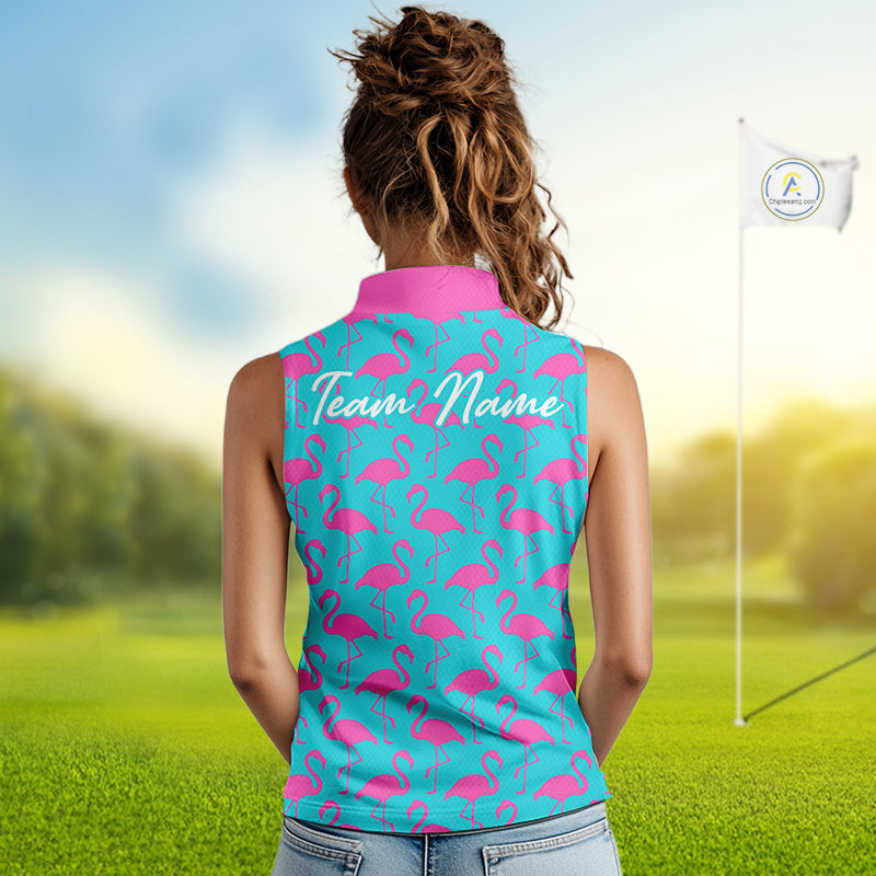 Woman wearing a turquoise sleeveless polo shirt with pink flamingo pattern and 'Team Name' text on the back, standing on a golf course.