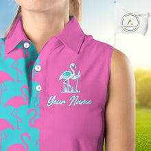 Load image into Gallery viewer, Close-up of pink and blue flamingos pattern on women’s sleeveless golf polo shirt