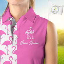 Load image into Gallery viewer, Close-up of pink and white flamingos pattern on women’s sleeveless golf polo shirt