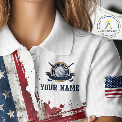 Custom US Golf Polo Shirt American Flag White Golf Shirts For Women, Patriotic Golf Shirt NBT701