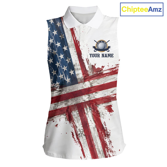 Custom US Sleeveless Golf Polo Shirt American Flag White Golf Shirts For Women, Patriotic Golf Shirt NBT701