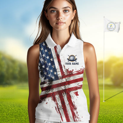 Custom US Sleeveless Golf Polo Shirt American Flag White Golf Shirts For Women, Patriotic Golf Shirt NBT701