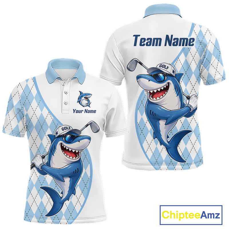 Funny Mens Golf Polo Shirt Argyle Pattern Custom Name Shark Playing Golf Shirt Golf Gifts NBT951