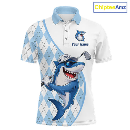 Funny Mens Golf Polo Shirt Argyle Pattern Custom Name Shark Playing Golf Shirt Golf Gifts NBT951