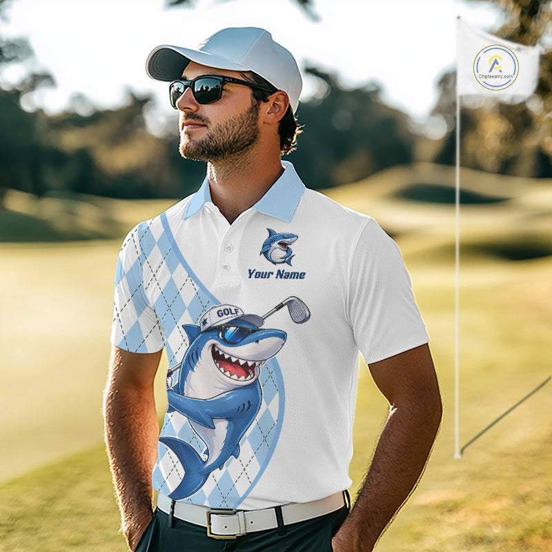 Funny Mens Golf Polo Shirt Argyle Pattern Custom Name Shark Playing Golf Shirt Golf Gifts NBT951