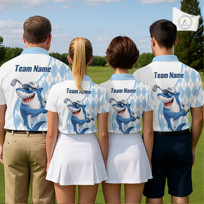 Funny Mens Golf Polo Shirt Argyle Pattern Custom Name Shark Playing Golf Shirt Golf Gifts NBT951