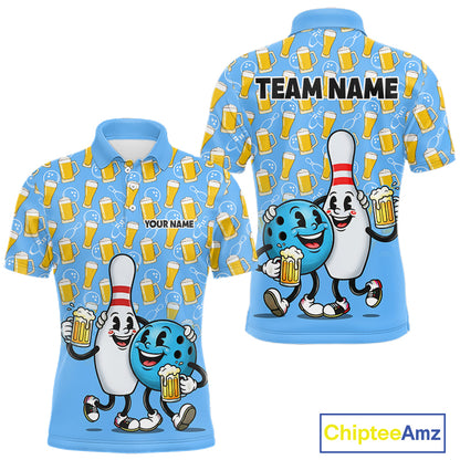 Funny Blue Beer Pattern Bowling Polo & 1/4 Quarter Zip Shirt Custom Bowling League Team Shirts NBT952