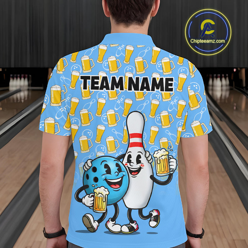 Funny Blue Beer Pattern Bowling Polo & 1/4 Quarter Zip Shirt Custom Bowling League Team Shirts NBT952