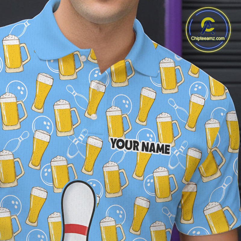 Funny Blue Beer Pattern Bowling Polo & 1/4 Quarter Zip Shirt Custom Bowling League Team Shirts NBT952