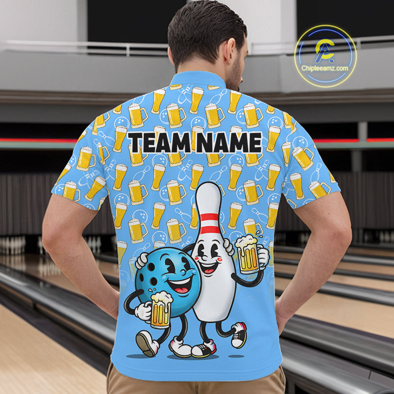 Funny Blue Beer Pattern Bowling Polo & 1/4 Quarter Zip Shirt Custom Bowling League Team Shirts NBT952