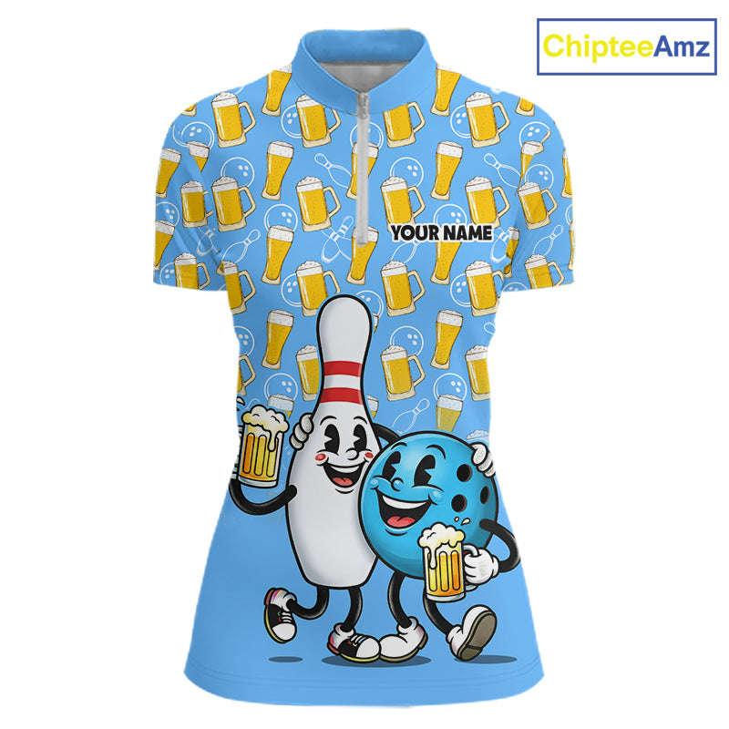 Funny Blue Beer Pattern Women Bowling Polo & 1/4 Quarter Zip Shirt Custom Bowling League Team Shirts NBT952