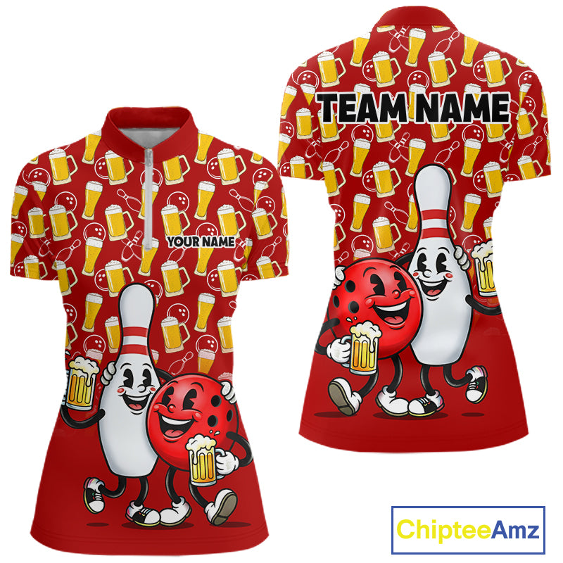 Funny Red Beer Pattern Women Bowling Polo & 1/4 Quarter Zip Shirt Custom Bowling League Team Shirts NBT953