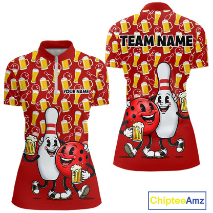Funny Red Beer Pattern Women Bowling Polo & 1/4 Quarter Zip Shirt Custom Bowling League Team Shirts NBT953