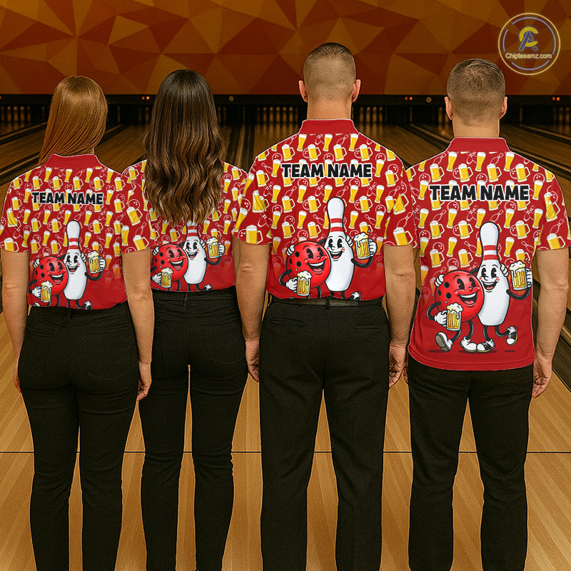 Funny Red Beer Pattern Women Bowling Polo & 1/4 Quarter Zip Shirt Custom Bowling League Team Shirts NBT953