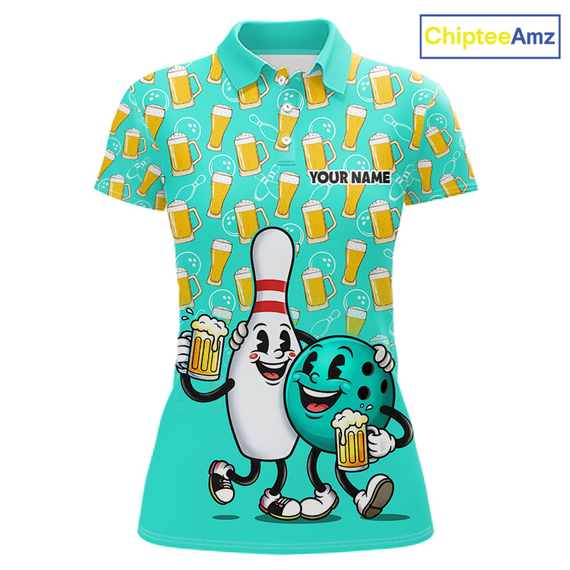 Funny Turquoise Beer Women Pattern Bowling Polo & 1/4 Quarter Zip Shirt Custom Bowling League Team Shirts NBT954