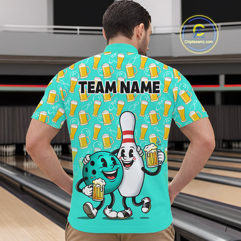 Funny Turquoise Beer Pattern Bowling Polo & 1/4 Quarter Zip Shirt Custom Bowling League Team Shirts NBT954