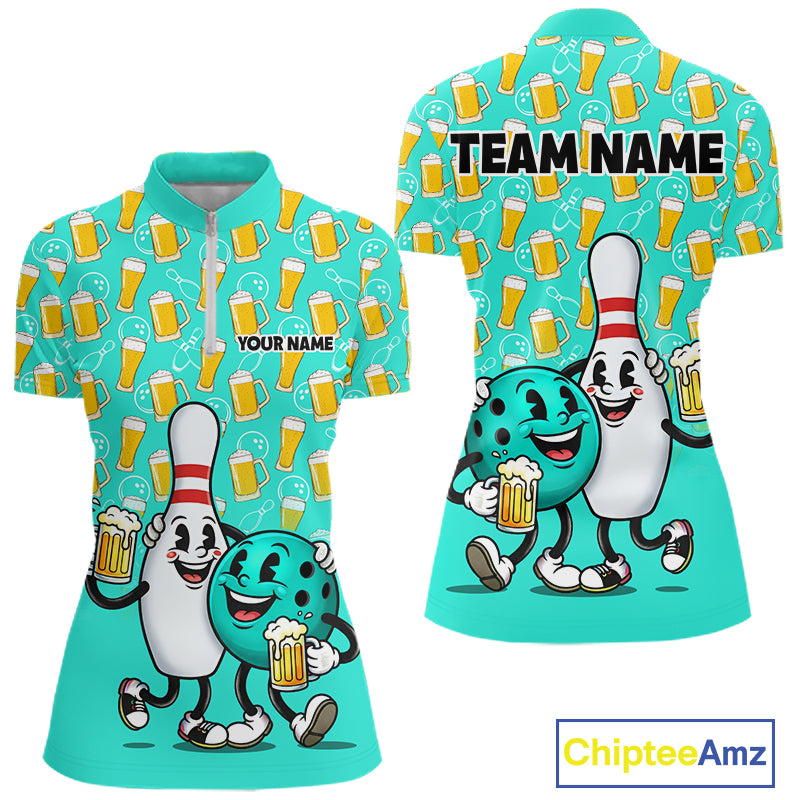 Funny Turquoise Beer Women Pattern Bowling Polo & 1/4 Quarter Zip Shirt Custom Bowling League Team Shirts NBT954