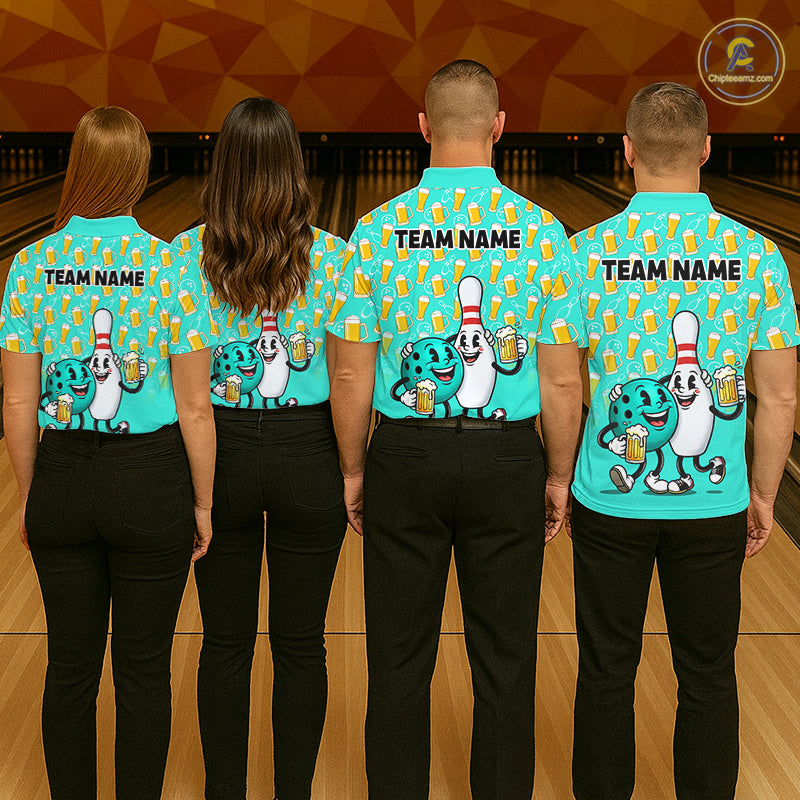 Funny Turquoise Beer Women Pattern Bowling Polo & 1/4 Quarter Zip Shirt Custom Bowling League Team Shirts NBT954